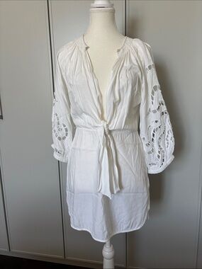 Vix White Cotton Tie-Front Swim Coverup with Eyelet Sleeves